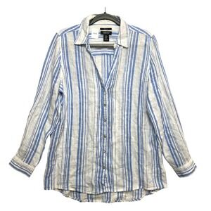 Jones & Co Jones Shirt Womens Medium Blue White Striped 100% Linen Button Up
